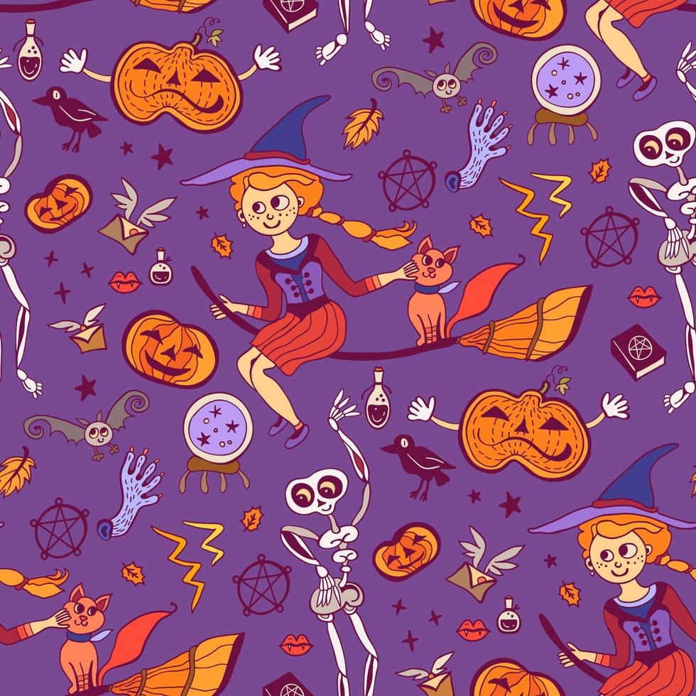 schattig jong heks Aan bezemsteel naadloos patroon. halloween tekenfilm achtergrond vector