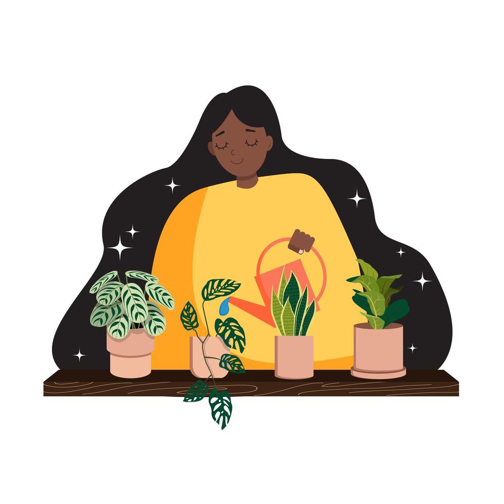 vrouw drenken planten plat ontwerp vector