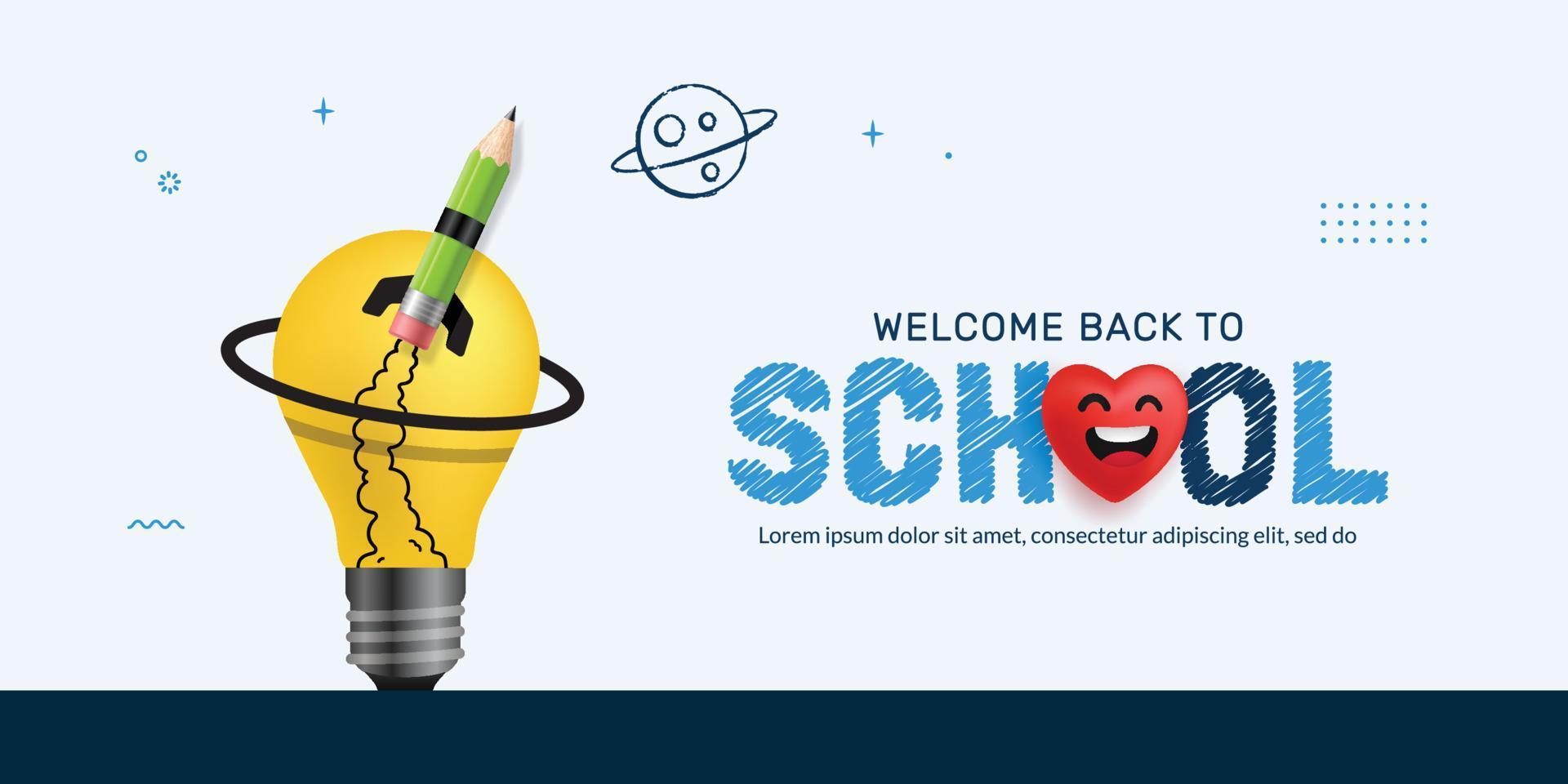 potlood raket lancering naar ruimte met geel licht lamp achtergrond, terug naar school- concept, online aan het leren en web bladzijde sjabloon vector
