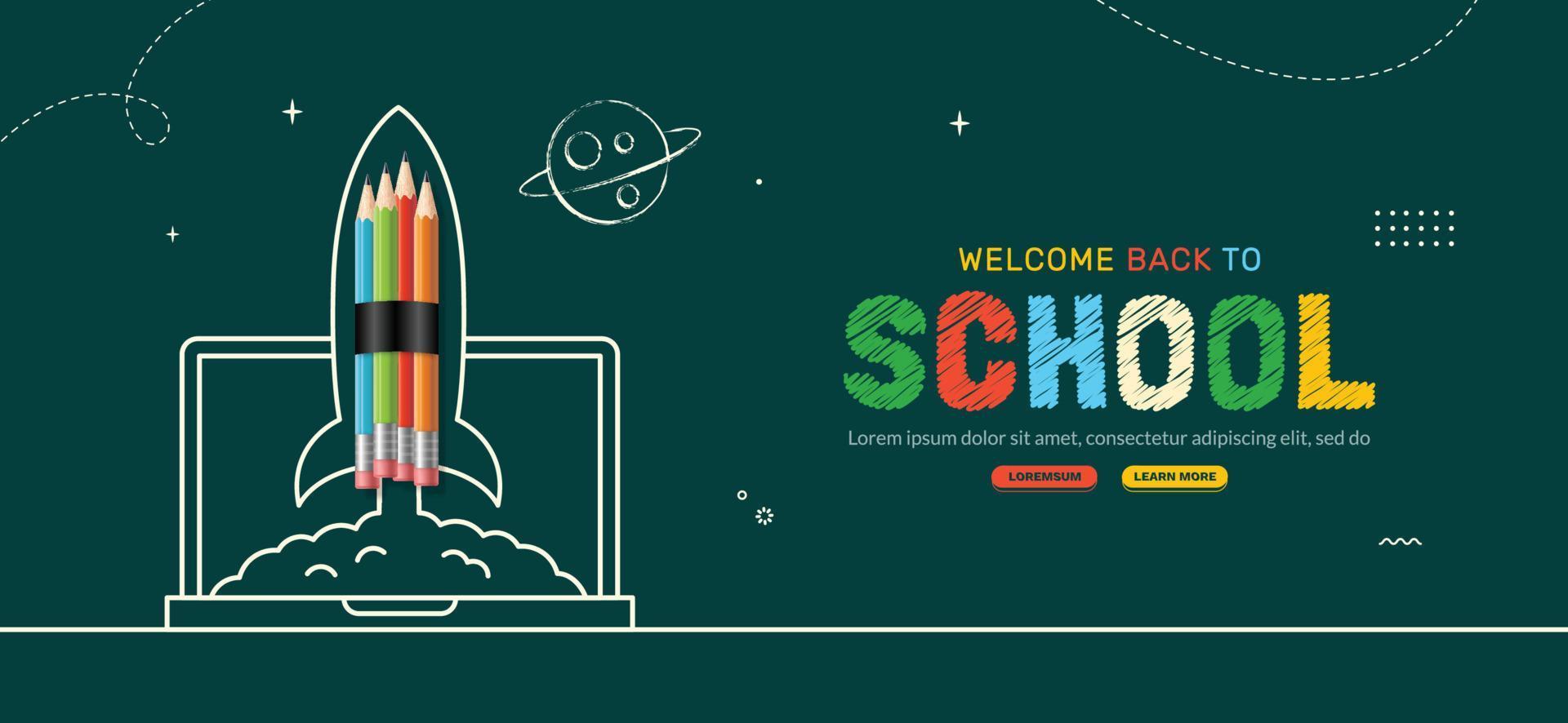 terug naar school- achtergrond met potlood raket lancering van laptop naar ruimte. online aan het leren en web bladzijde sjabloon, digitaal onderwijs concept vector