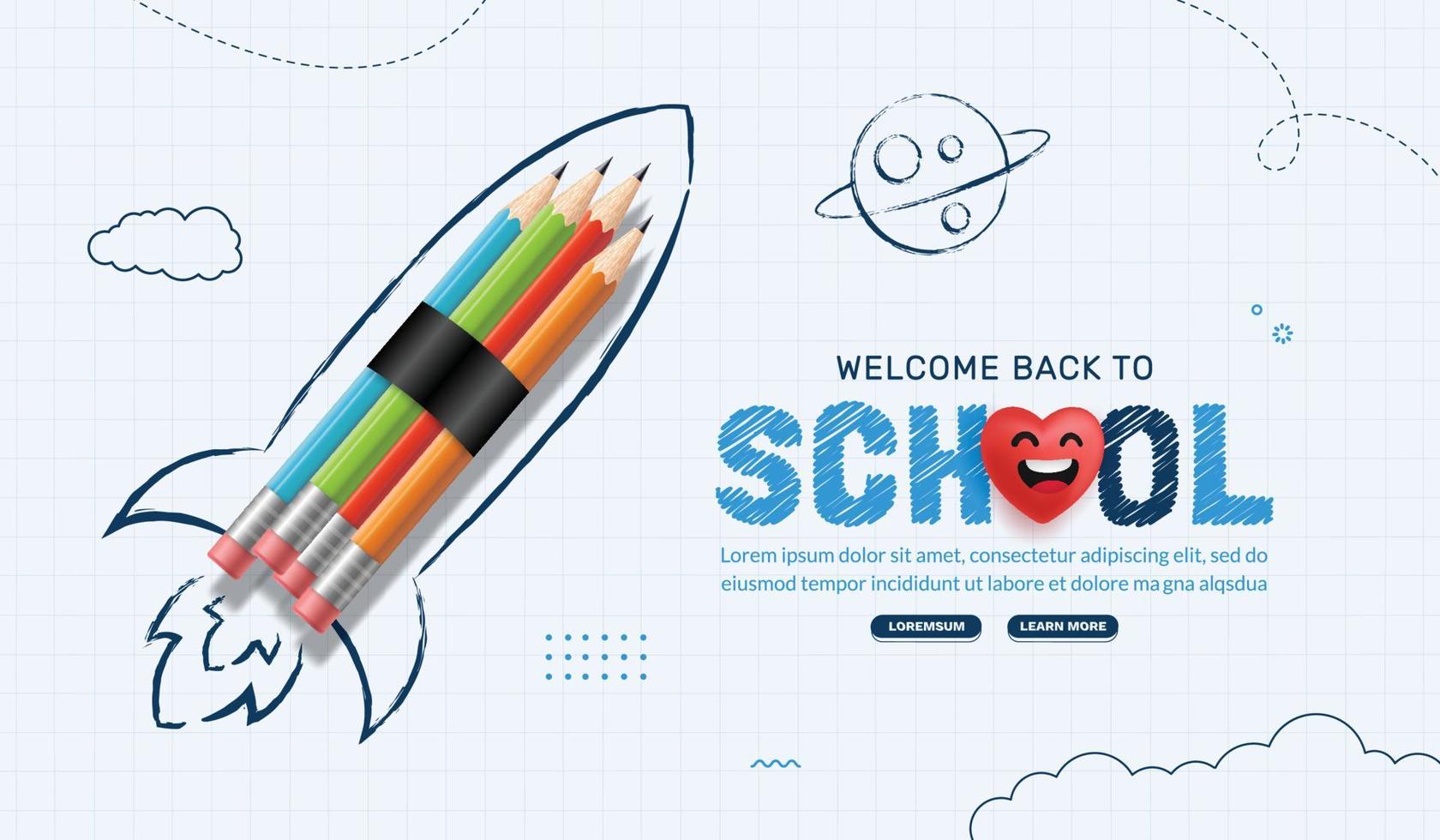 terug naar school- achtergrond met raket potlood lancering naar ruimte. online aan het leren en web bladzijde sjabloon, digitaal onderwijs concept vector