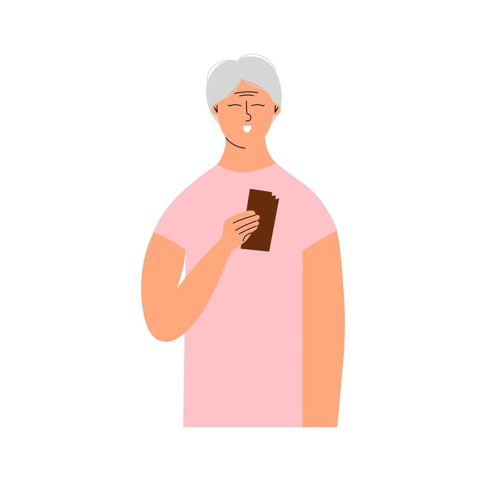 grijs haar senior vrouw eet melk chocola. vector illustratie in vlak stijl