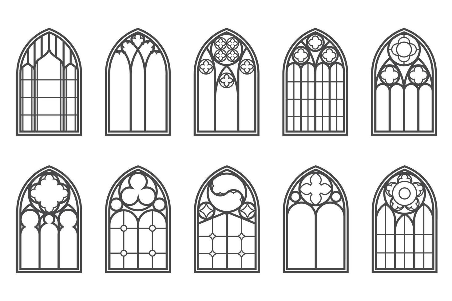 kerk middeleeuwse ramen set. oude gotische stijl architectuurelementen. vector overzicht illustratie op witte achtergrond.