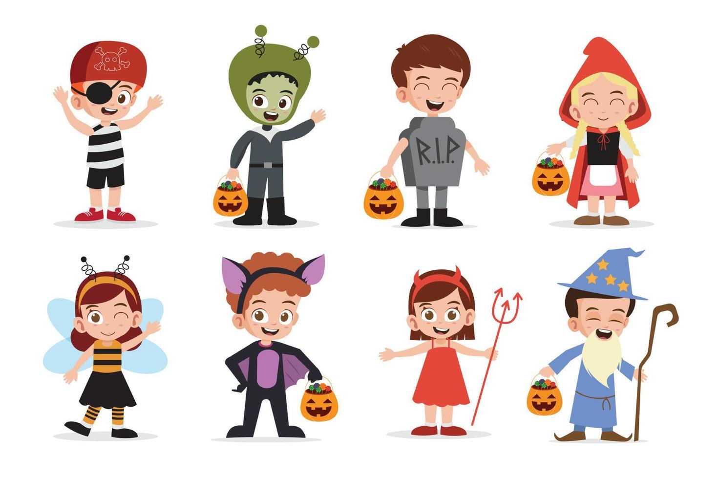 schattig kinderen jongens en meisjes vervelend halloween kostuums collecties vector illustratie