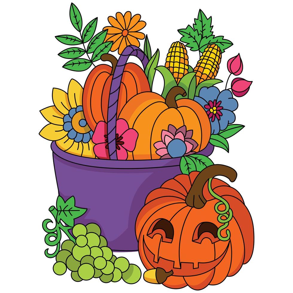 herfst fruit maïs druif pompoen bloemen in de mand dankzegging kleur illustratie Pagina's vector