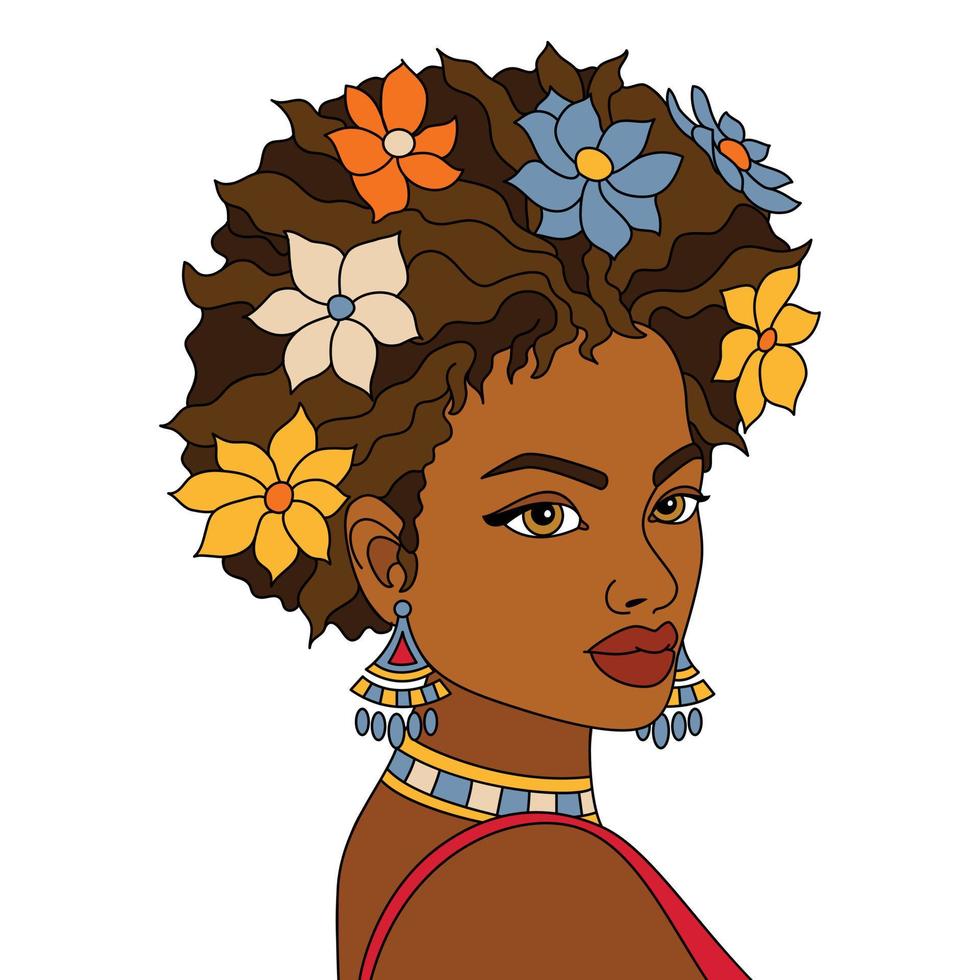 een modern afro vrouw decoreren haar haar- met sommige bloem ornamenten en vector kleur illustratie