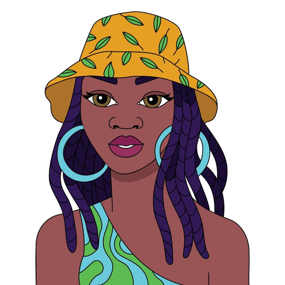 Afrikaanse zwart vrouw vlechtjes kapsel met zomer pet afro meisje vector kleur illustratie