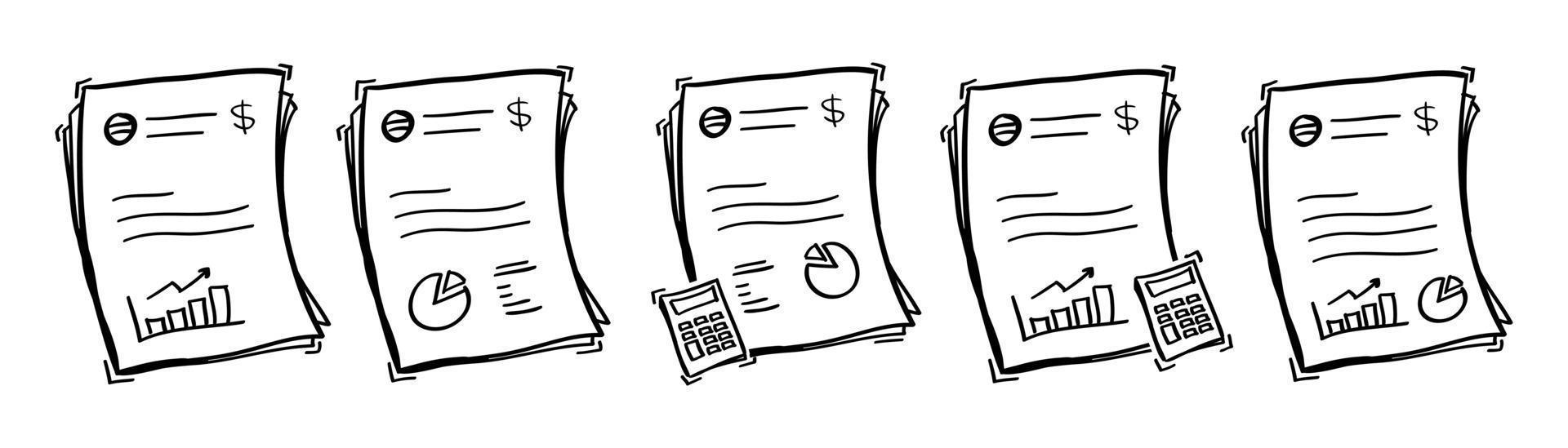 reeks van hand- getrokken financieel analytics document en rekenmachine icoon in tekening stijl vector