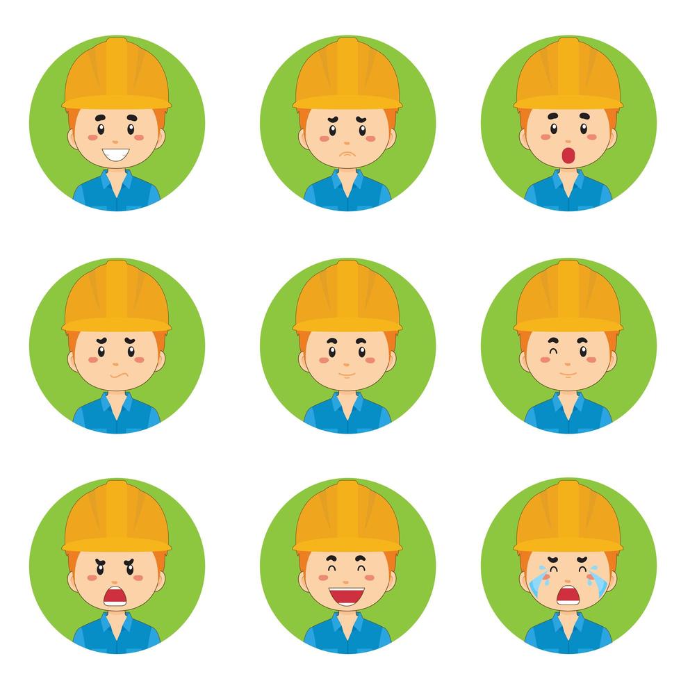 bouwvakkers avatar met verschillende uitdrukkingen vector
