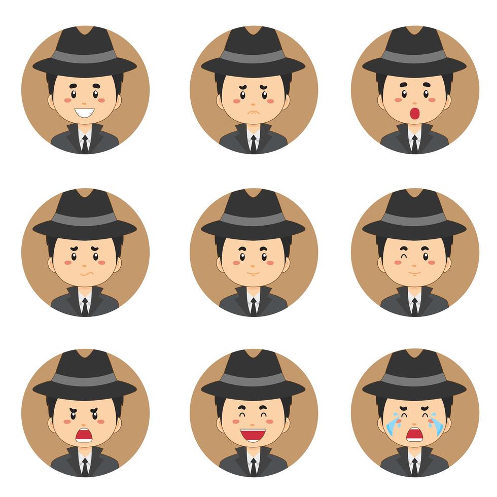 detective avatar met verschillende uitdrukkingen vector