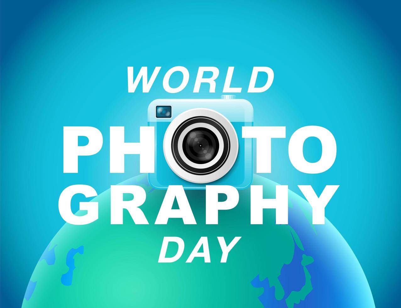 wereld fotografie dag poster met camera over de hele wereld vector