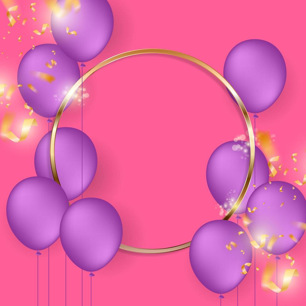 gouden cirkelframe met paarse ballonnen op roze vector