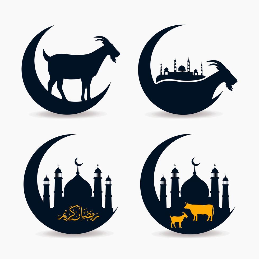 eid al adha mubarak ontwerp logo. Islamitisch achtergrond met geit en moskee vector