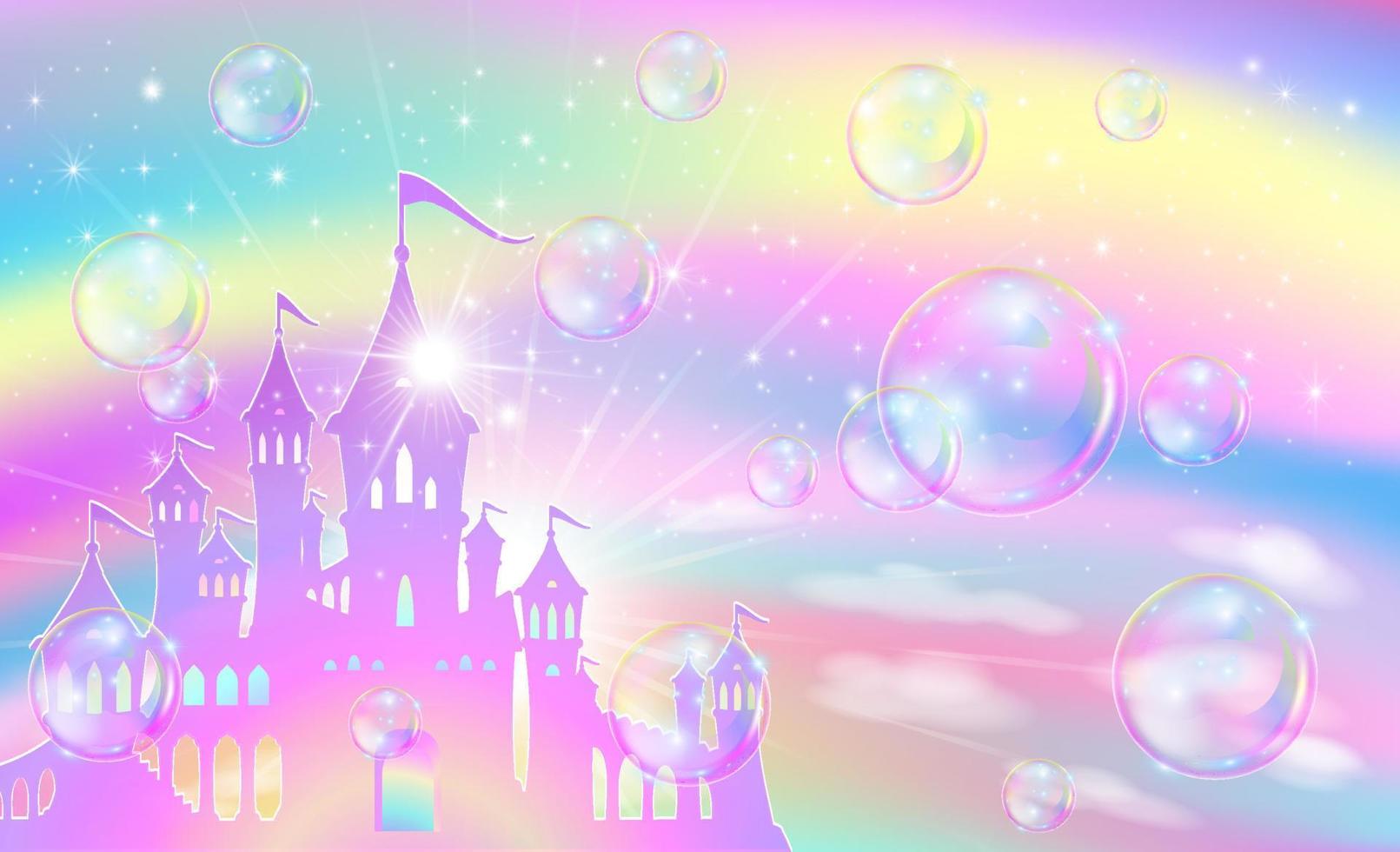regenboog lucht achtergrond met vliegend bubbels en magie kasteel. vector