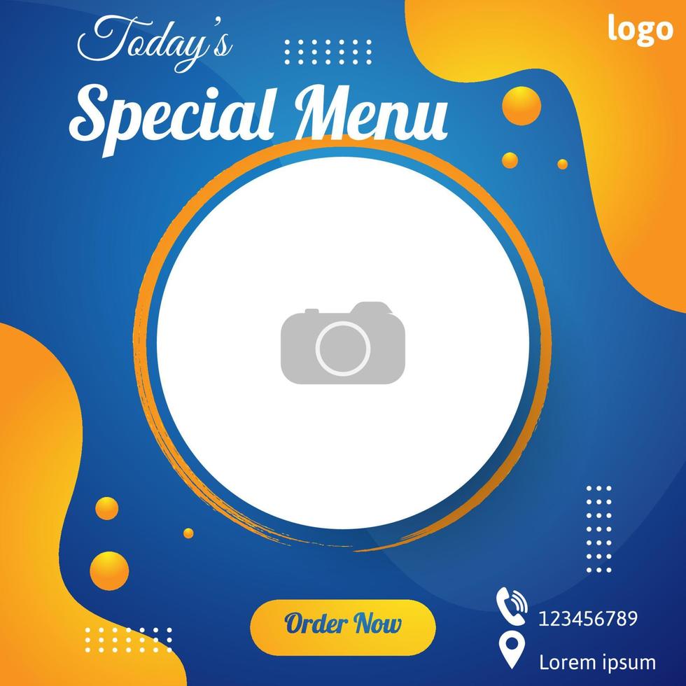voedsel speciaal menu sociaal media post sjabloon ontwerp in blauw en oranje kleur. vector illustratie