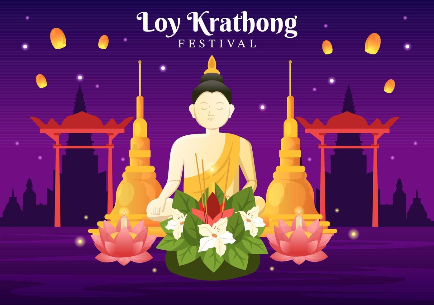 loy krathong festival viering in Thailand sjabloon hand- getrokken tekenfilm vlak illustratie met lantaarns en krathongs drijvend Aan water ontwerp vector