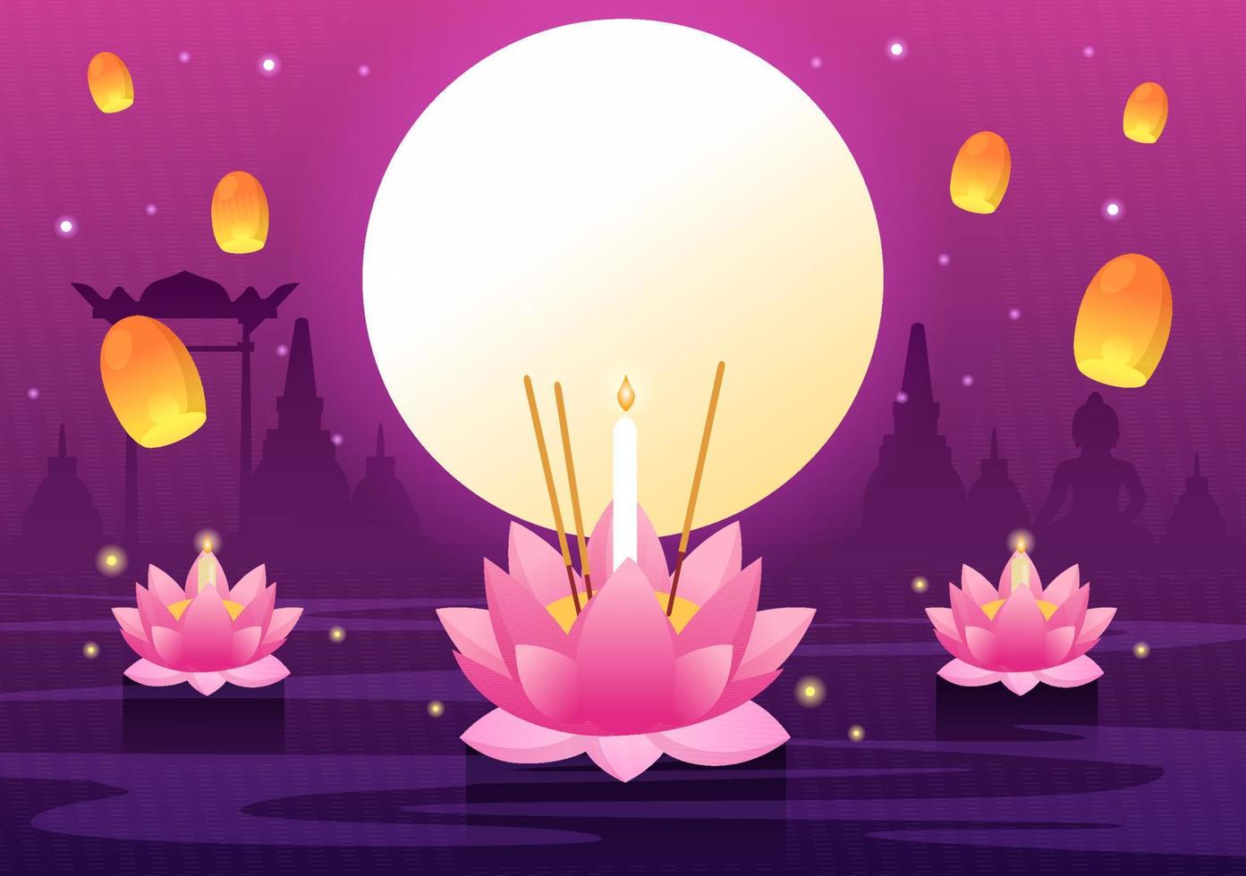 loy krathong festival viering in Thailand sjabloon hand- getrokken tekenfilm vlak illustratie met lantaarns en krathongs drijvend Aan water ontwerp vector