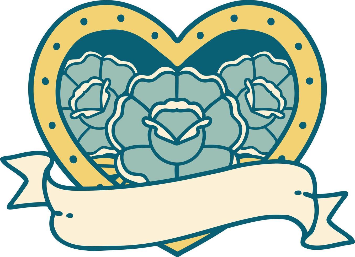 iconisch tatoeëren stijl beeld van een hart en banier met bloemen vector