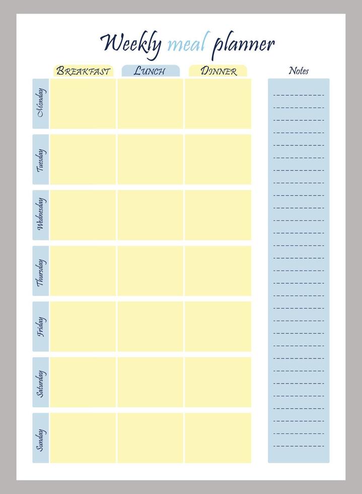 wekelijks maaltijd planner. verticaal patroon. organisator, ontwerper en notities. vector illustratie