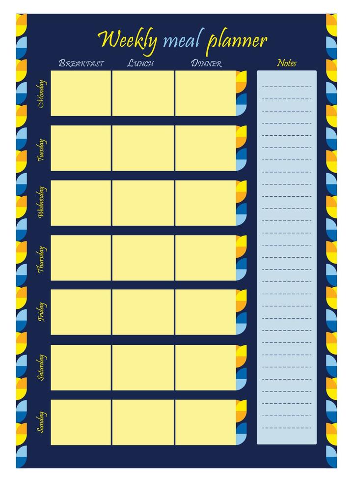 wekelijks maaltijd planner. verticaal patroon. organisator, ontwerper en aantekeningen met bloemen meetkundig patroon. vector illustratie