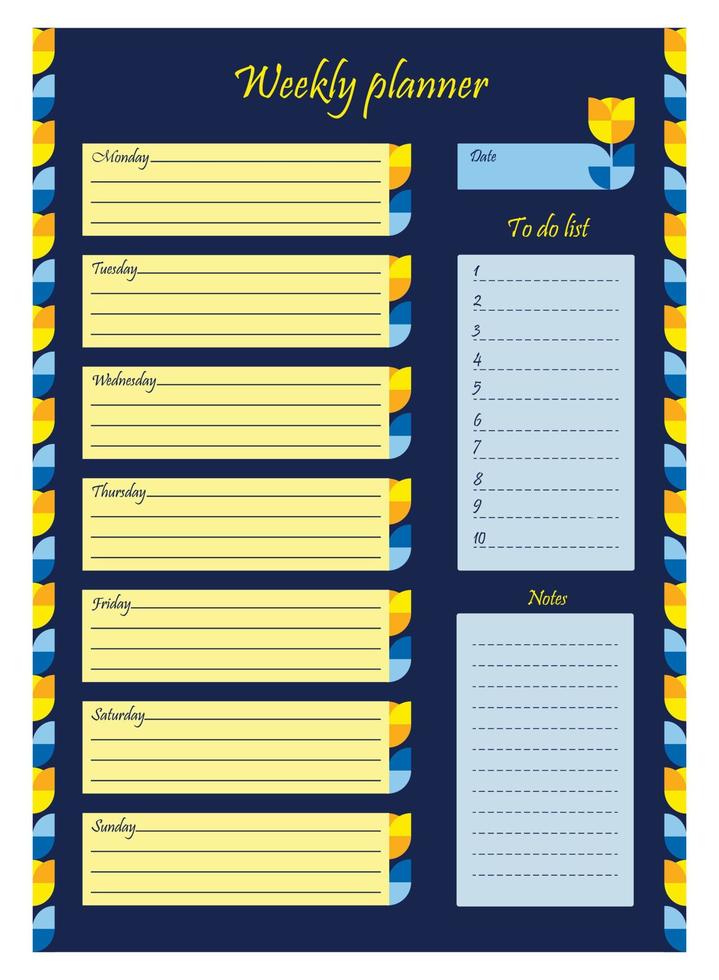 wekelijks ontwerper organisator. mijn plan, Te doen lijst en notities. vector illustratie. verticaal sjabloon in geel blauw kleur met bloemen meetkundig patroon