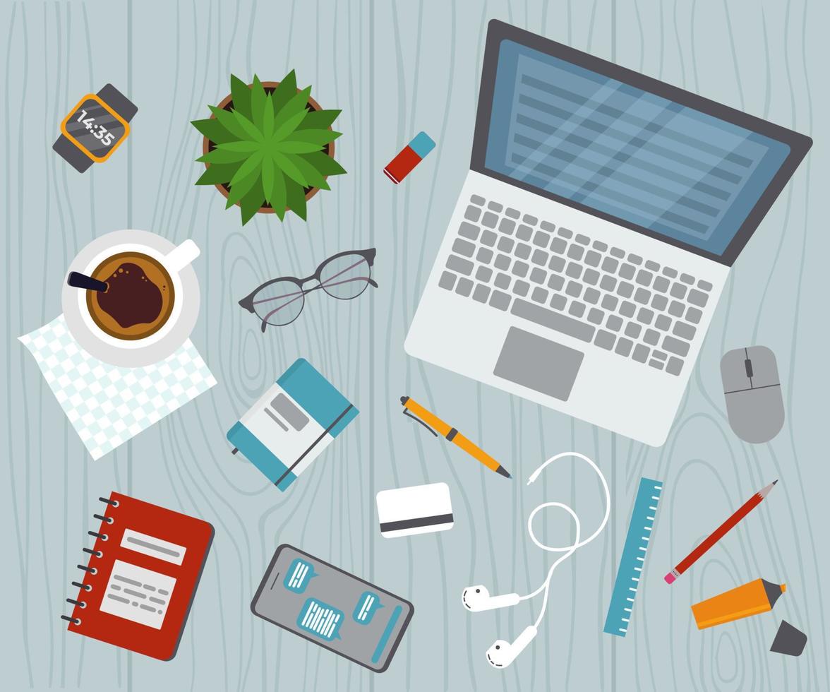 top visie van bureau. vrouw werken met laptop, koffie en croissant vector illustratie in vlak stijl