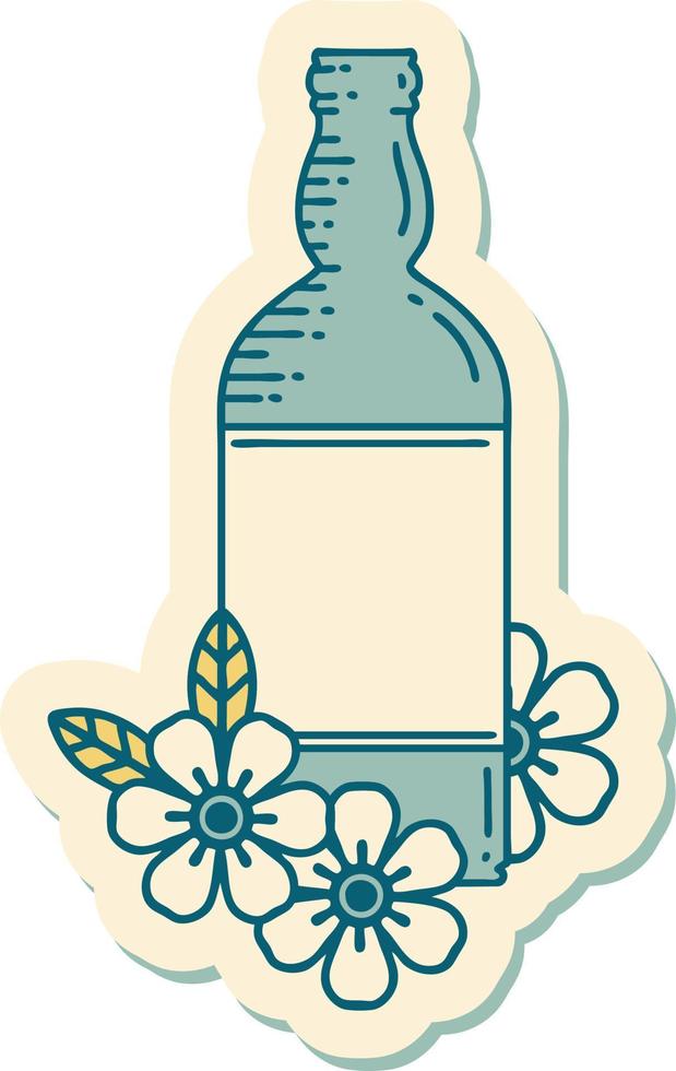 sticker van tatoeëren in traditioneel stijl van een rum fles en bloemen vector