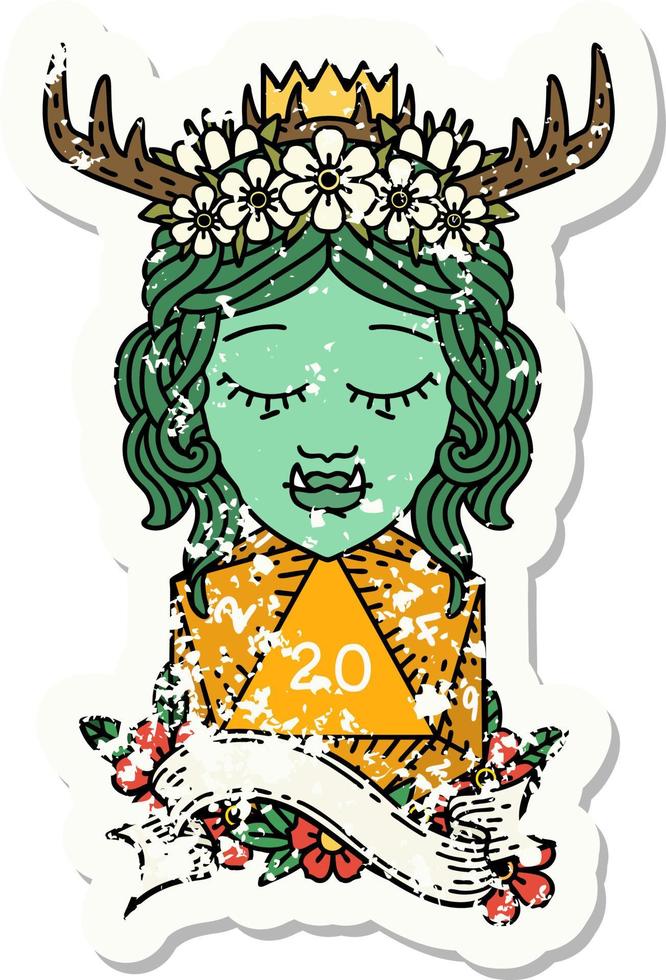 grunge sticker van een orc druïde karakter met natuurlijk twintig Dobbelsteen rollen vector