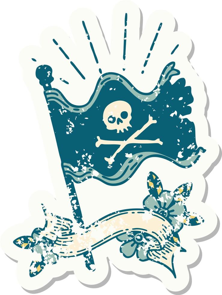 versleten oud sticker van een tatoeëren stijl golvend piraat vlag vector