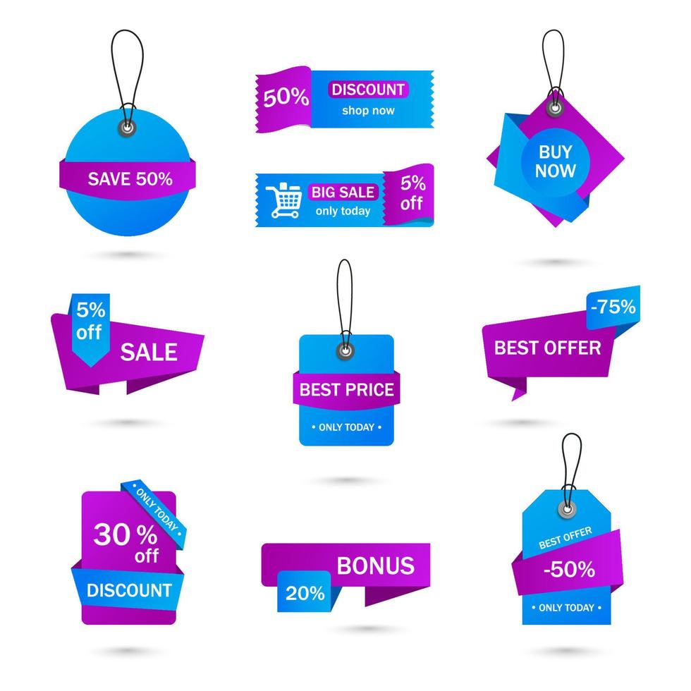 vectorstickers, prijskaartje, banner, etiket. couponverkoop, aanbiedingen en promoties vectorsjabloon. winkel prijskaartje, detailhandel, handel, zaken. set van tekstballonnen vector