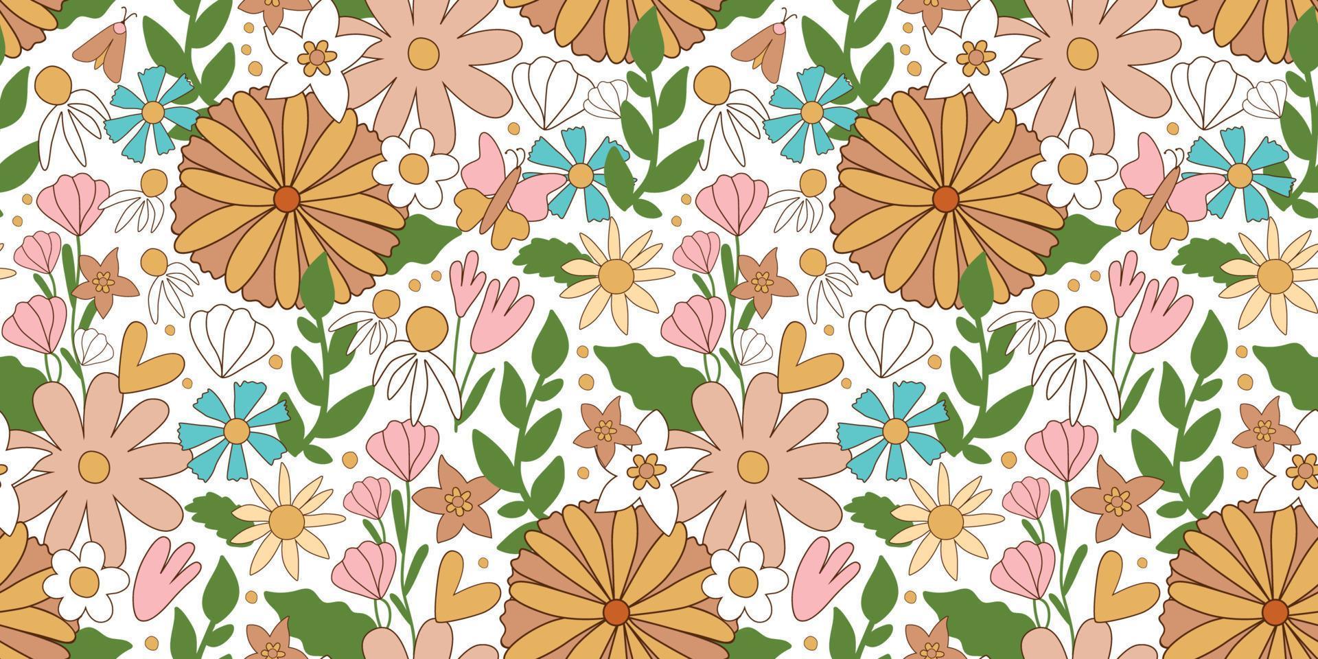 groovy bloemen patroon. retro jaren zeventig bloemen naadloos patroon, zomer madeliefje textiel. pastel wijnoogst groovy madeliefje bloemen. retro bloemen achtergrond oppervlakte ontwerp hippie afdrukken. vector illustratie.