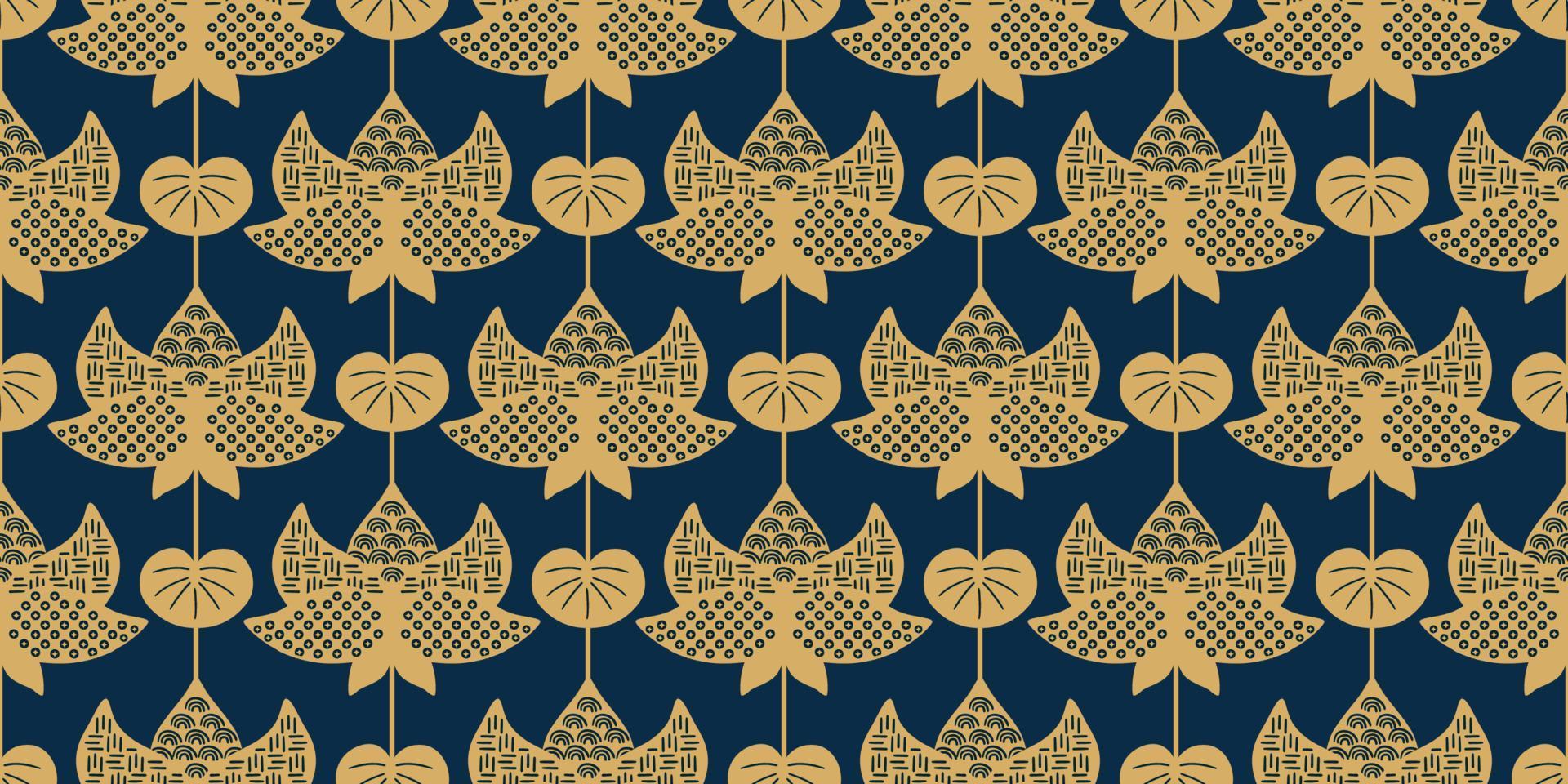 Japans lotus naadloos patroon. gouden Aziatisch lotus bloem Aan donker blauw achtergrond. goud Chinese lotus bloemen herhaald textiel ontwerp. hand- getrokken Koreaans bloem traditioneel motief. vector illustratie