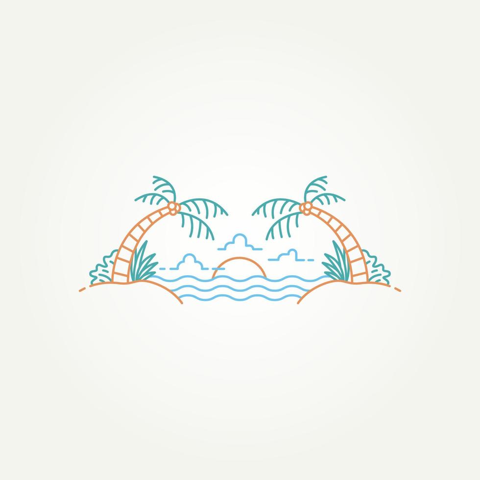 minimalistische zomer tropisch eiland lijn kunst icoon logo sjabloon vector illustratie ontwerp. gemakkelijk modern tropisch strand vakantie met palm boom en zonsondergang symbool logo concept