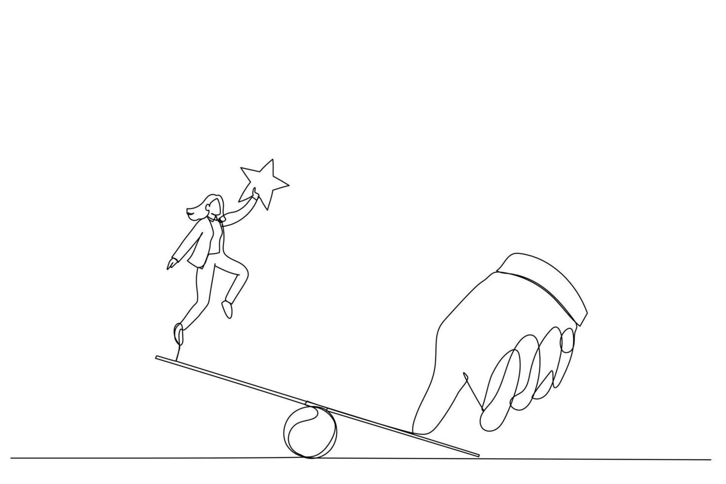 tekening van reusachtig duim helpen zakenvrouw naar springen Aan wip. single doorlopend lijn kunst stijl vector