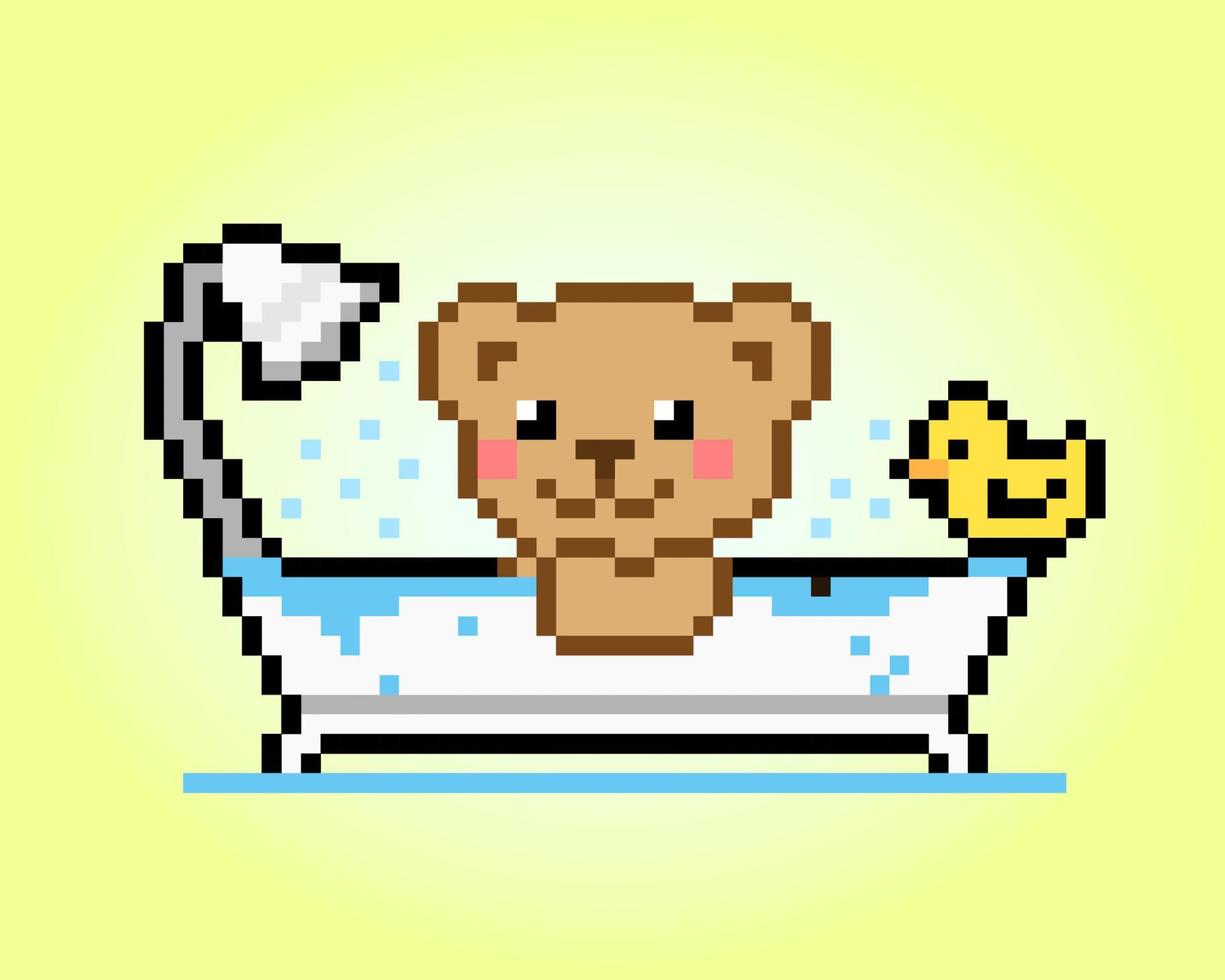 pixel 8 bit schattige beer badend met badeend. dierlijke spelactiva in vectorillustratie. vector