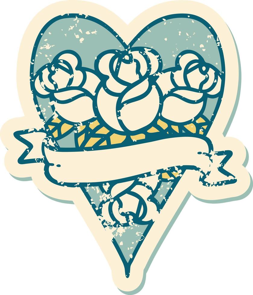 iconisch verontrust sticker tatoeëren stijl beeld van een hart en banier met bloemen vector