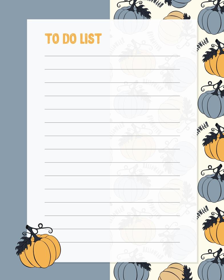 aantekeningen naar Doen lijst sjabloon, bekleed papier met halloween pompoen patroon hand- getrokken. naar Doen lijst, herinneringen, blanco, planners. vector