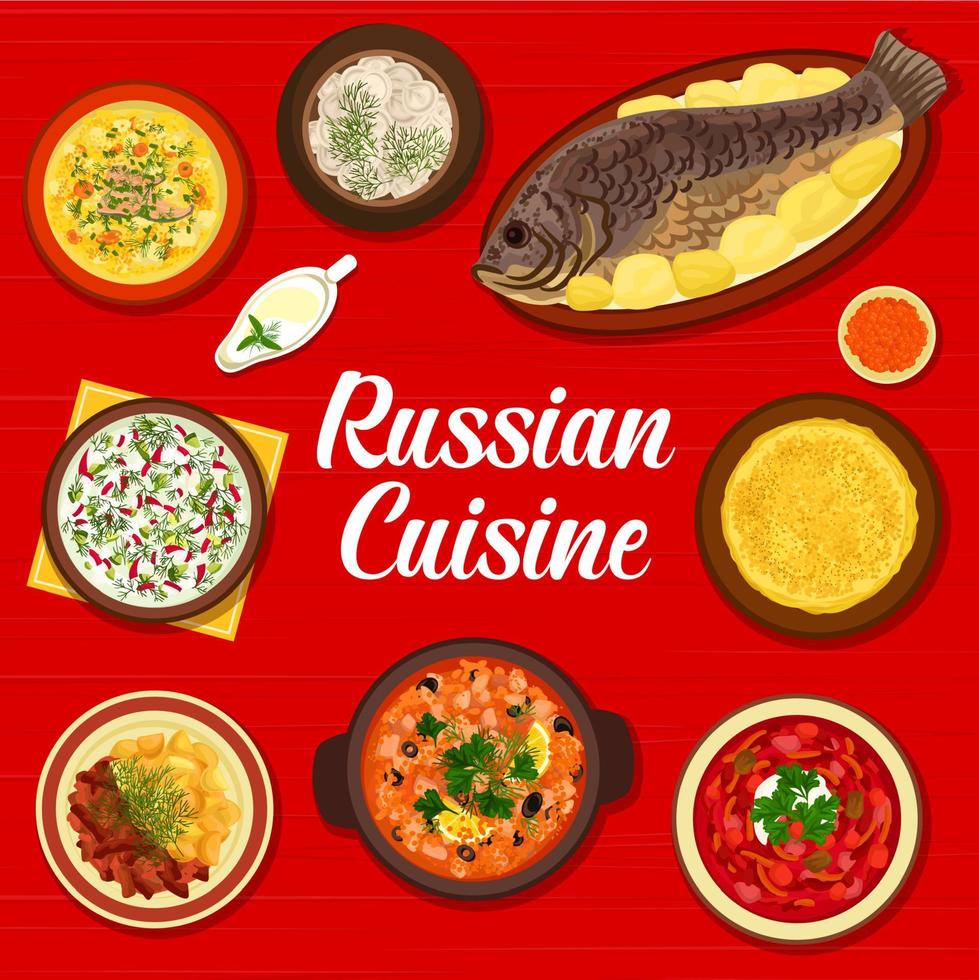 Russisch keuken menu omslag, Rusland gerechten maaltijden vector