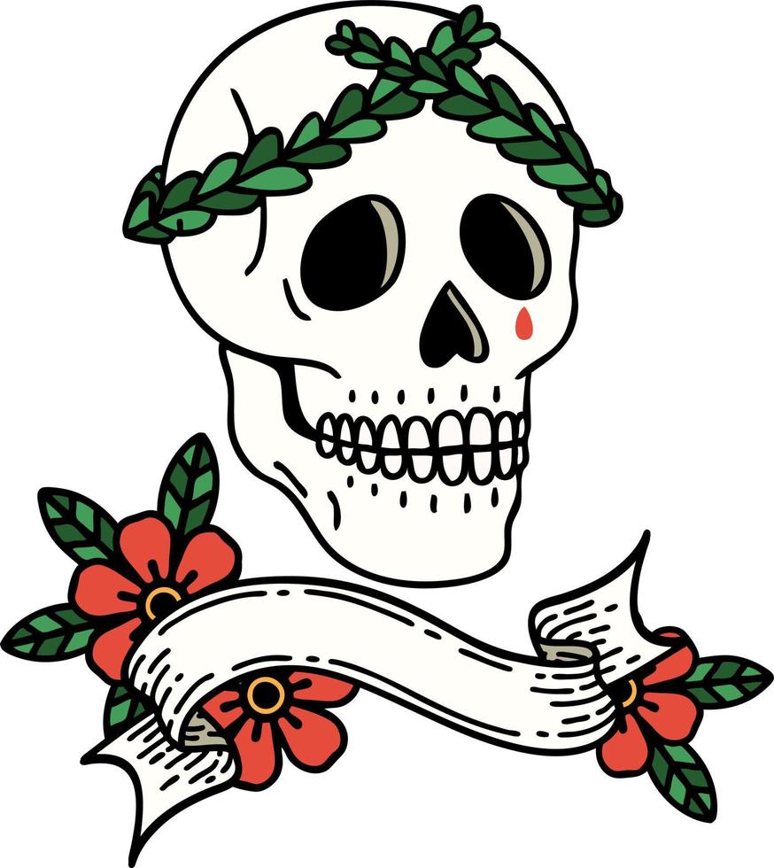traditioneel tatoeëren met banier van een schedel met laurier krans kroon vector