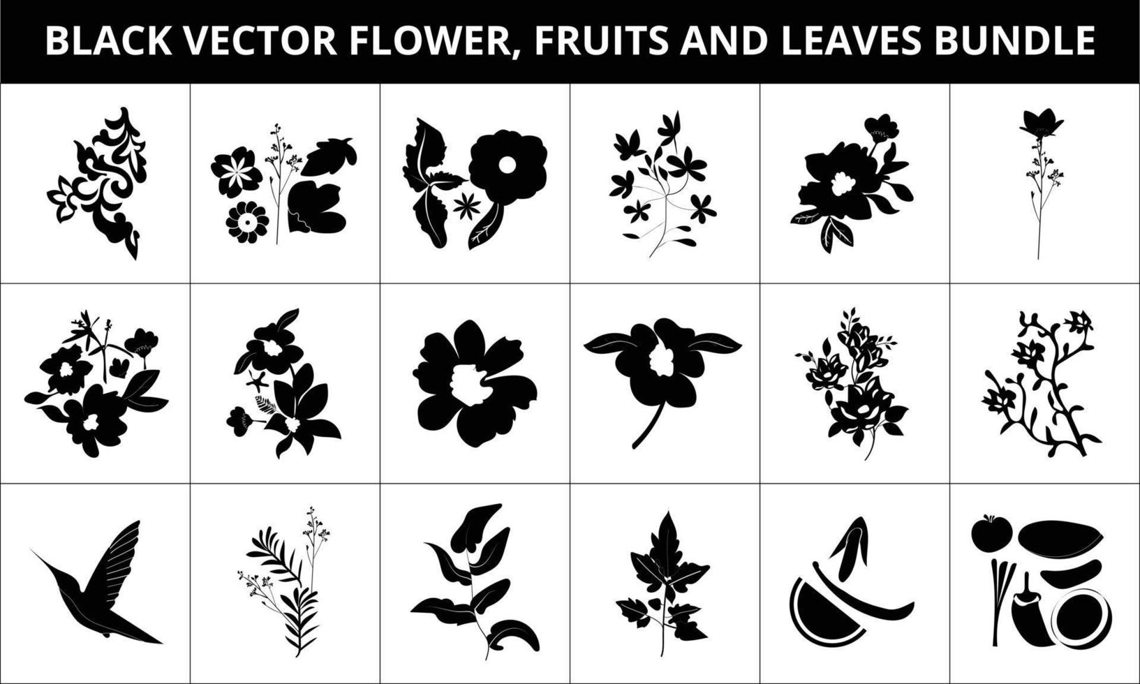 zwart bloem, fruit en bladeren ontwerp elementen bundel vector