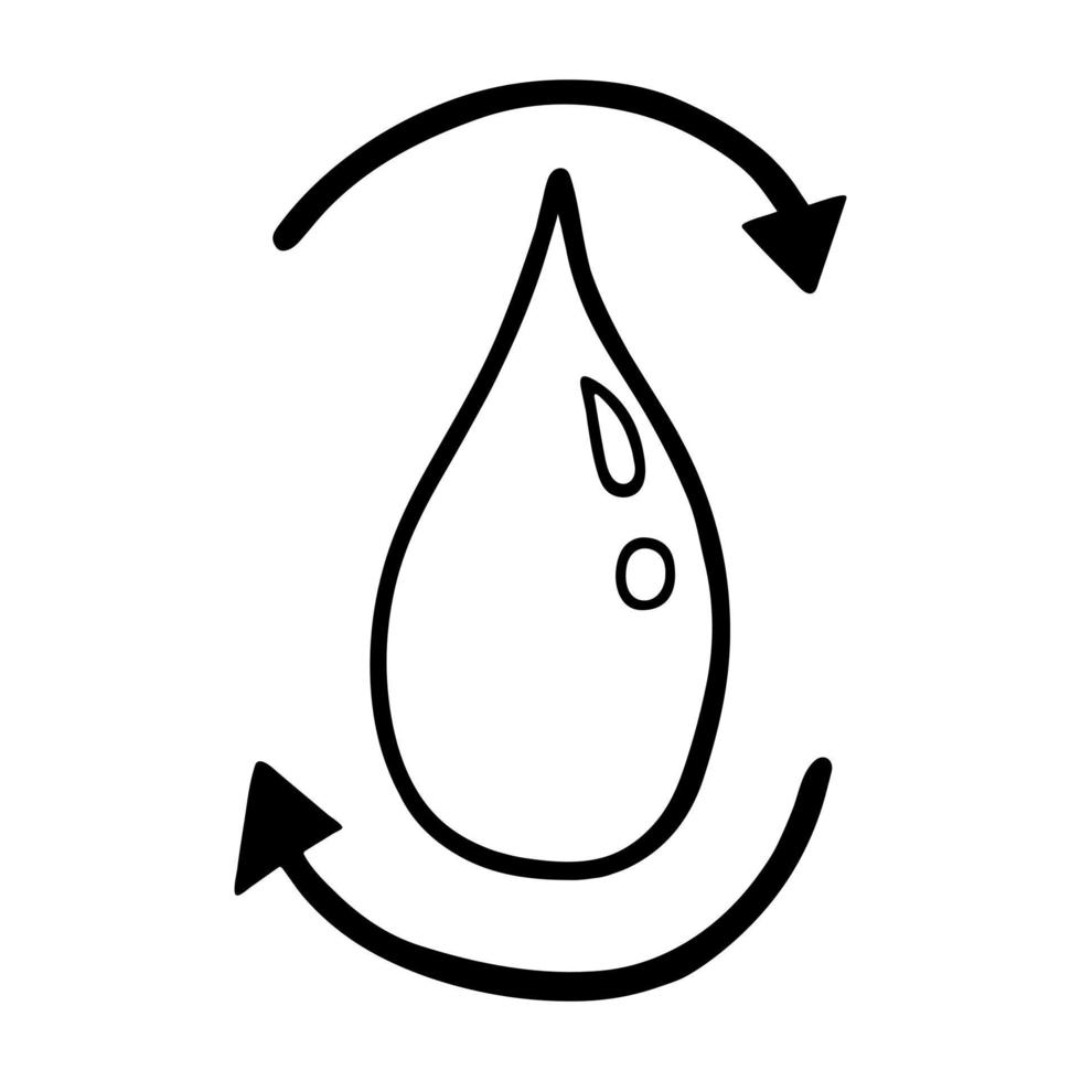 water recycling vector icoon. vloeistof laten vallen met pijlen. gemakkelijk eco tekening geïsoleerd Aan wit achtergrond. de water fiets in natuur. zwart schets, schetsen. clip art voor logo, web, bio etiketten, afdrukken