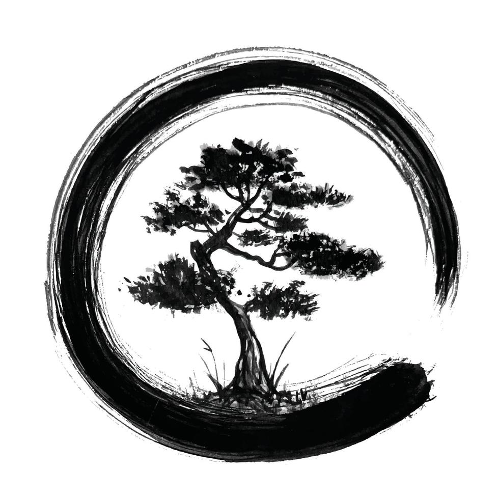 enso zen cirkel en bonsai boom hand- borstel inkt zwart vector illustratie