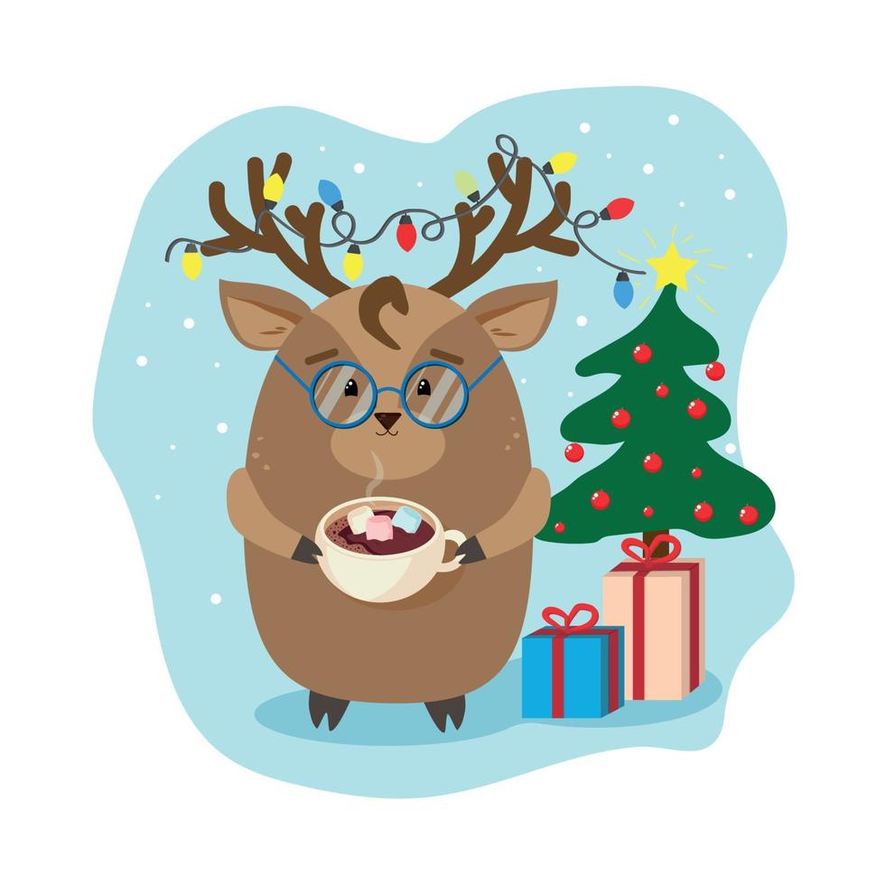 grappig dieren schattig Kerstmis winter illustratie van een hert met een Kerstmis slinger Aan haar hoorns, een Kerstmis boom met geschenken. zijn sneeuwen. ansichtkaart sticker patroon vector