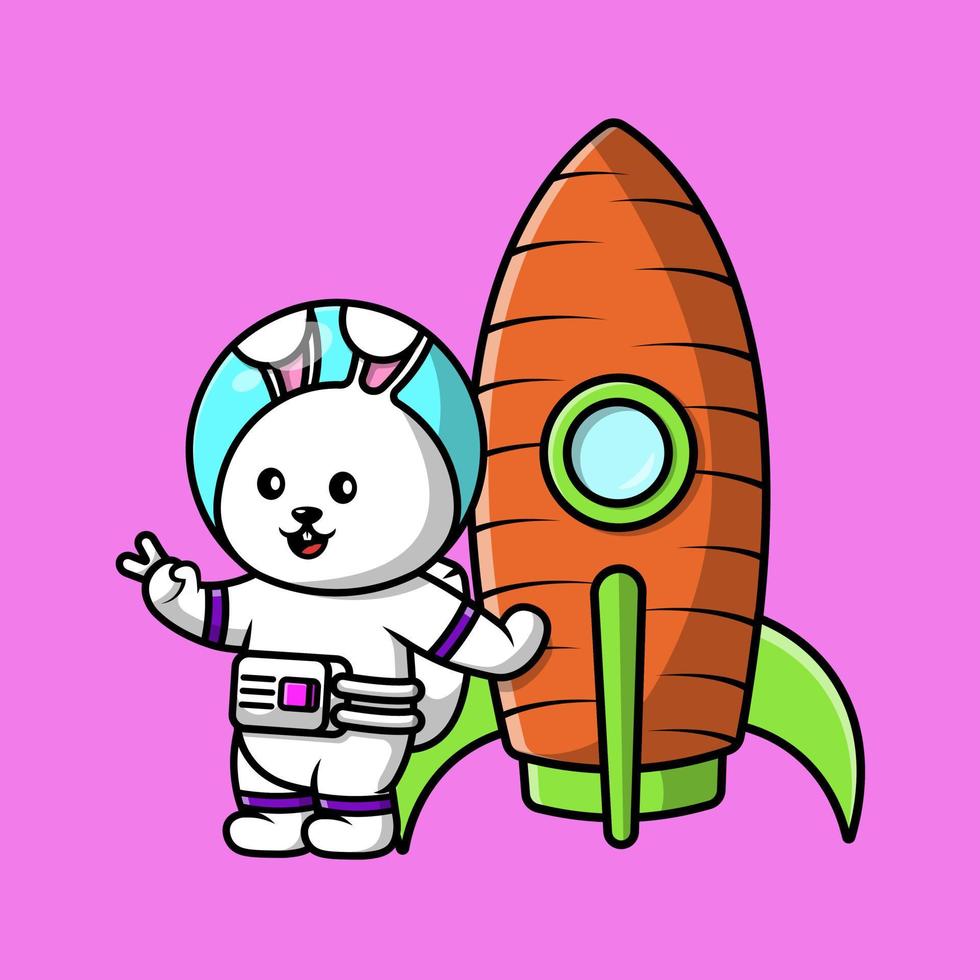 schattig konijn astronaut met wortel raket tekenfilm vector icoon illustratie. vlak tekenfilm concept