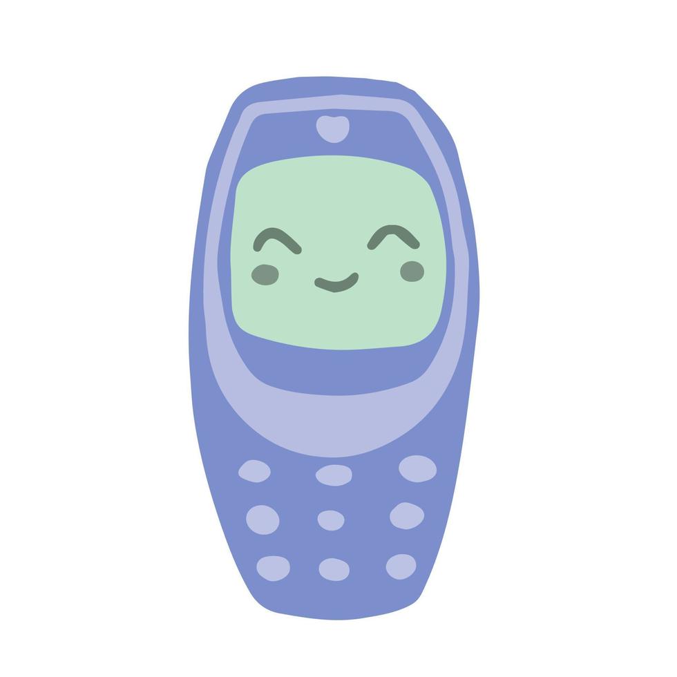 hand getekend schattig geïsoleerd clip art illustratie van y2k oud cel telefoon met glimlachen gezicht vector