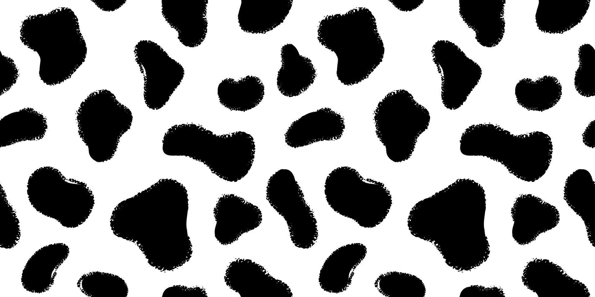 dier huid met zwart inkt hand- getrokken vlekken naadloos patroon. structuur vacht hond dalmatiër of koe vector illustratie.