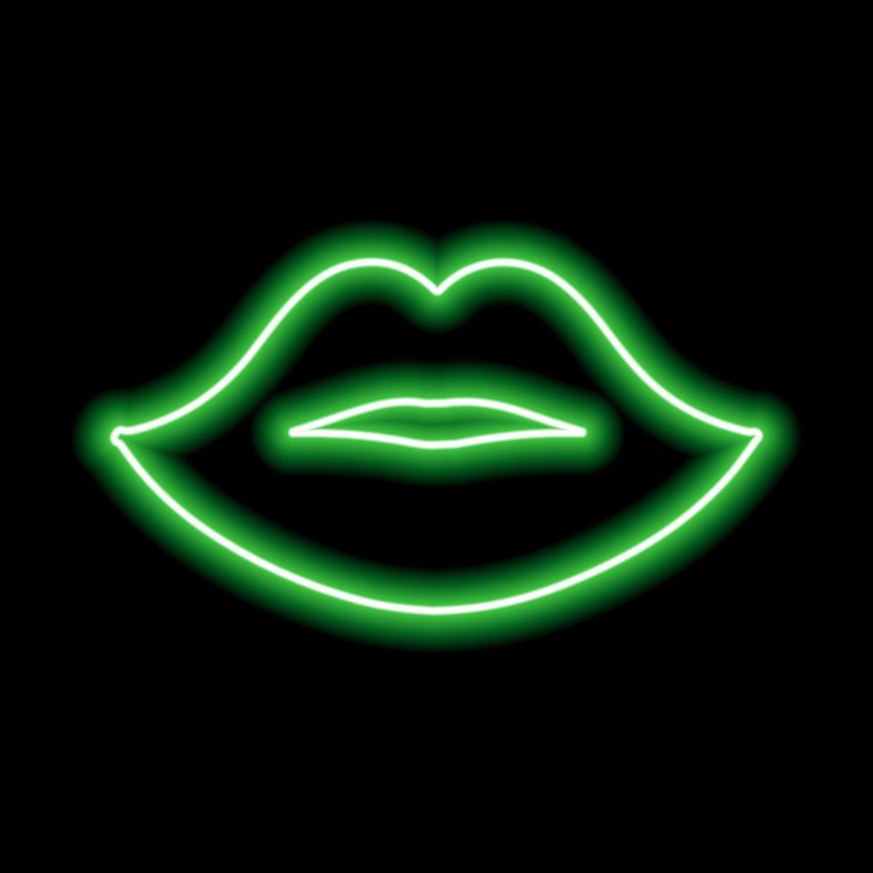groen neon lippen Aan een zwart achtergrond. de contour van de vrouwen lippen. kus vector