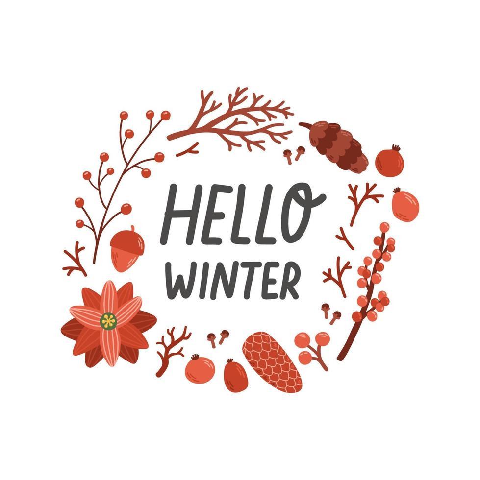 Hallo winter uitdrukking met krans belettering geïsoleerd vector illustratie