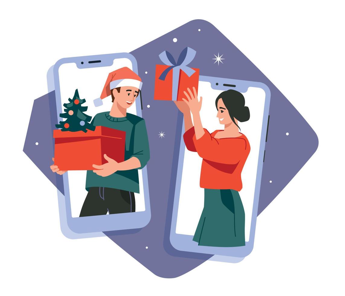 online kerstmis. nieuw jaar geschenken. Mens en vrouw met cadeaus in mobiel telefoons. vector afbeelding.