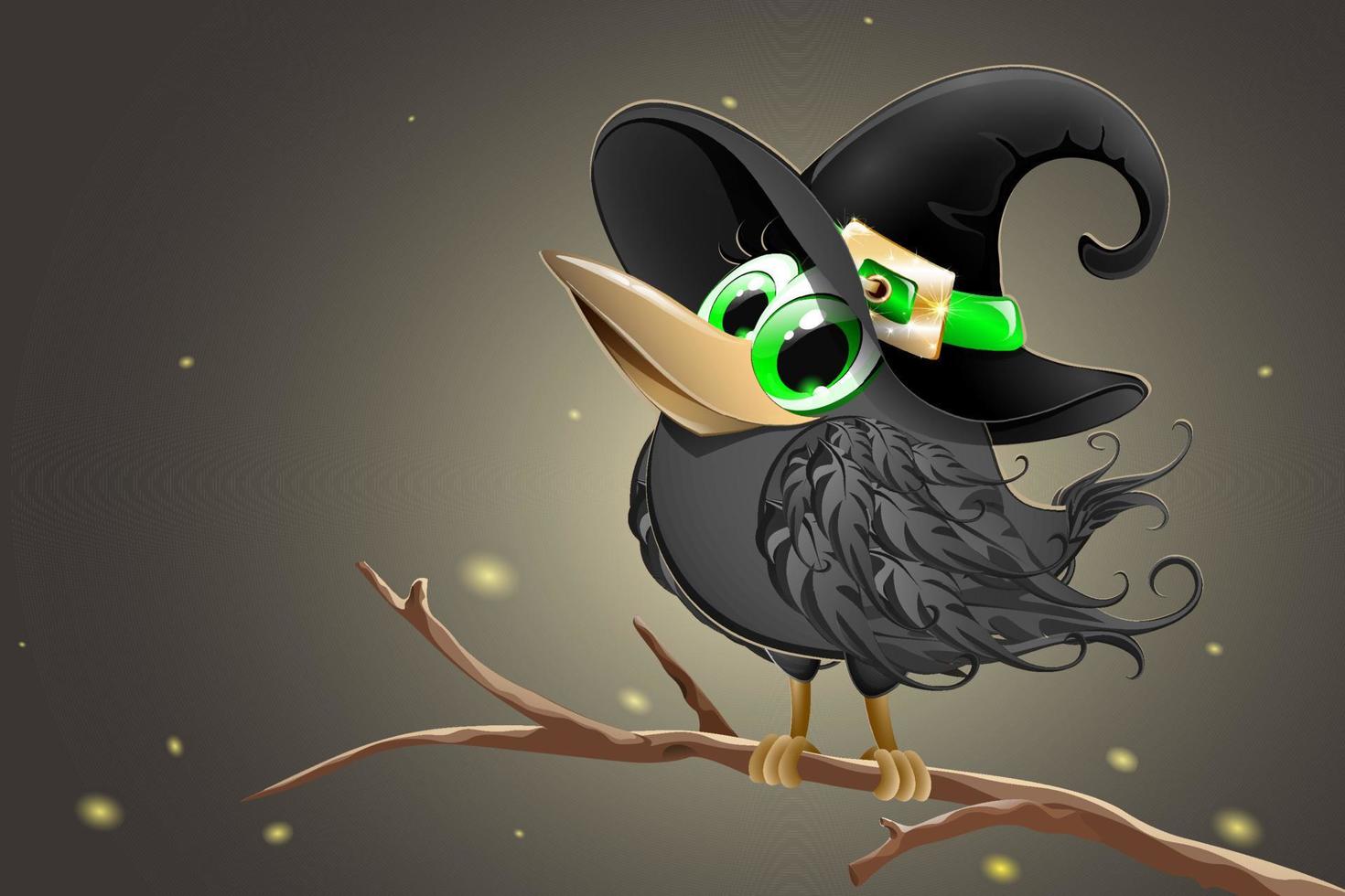 schattig grappig tekenfilm raaf vogel meisje in de zwart heks hoed zittend Aan de boom Afdeling vector